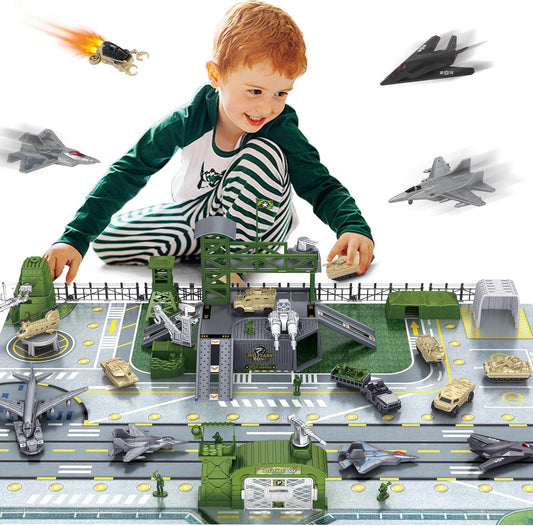 Army Toys Set 13 Vehicles Airplane Tank Trucks Helicopter Fighter Jet, Play Mat Army Men -  BigGreenBear.com Toys 32.00 USD Big Green Bear