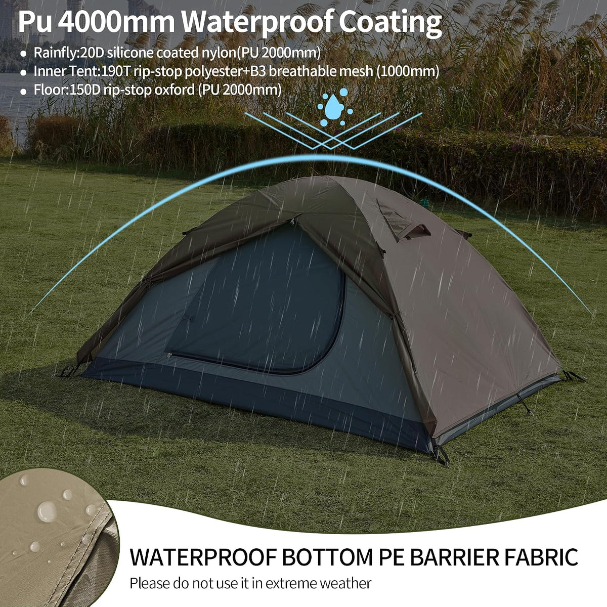 A gray and navy camping tent pitched on grass in a rain scene, with marketing text about waterproof coating and a fabric detail inset at the bottom left.