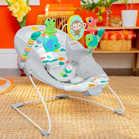 Cute Playful Paradise Comfy Baby Bouncer Seat with Soothing Vibration and Toys