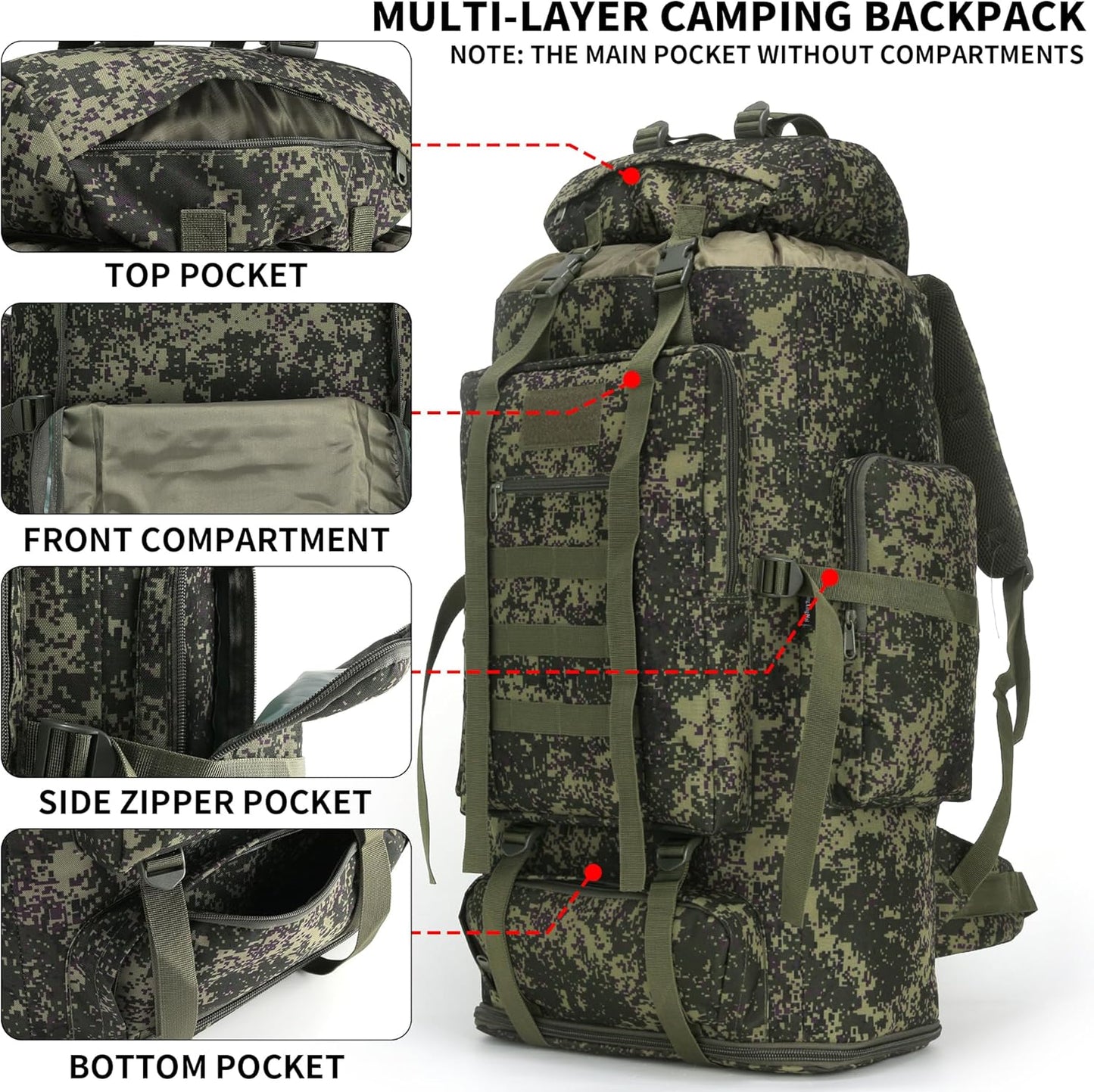  Tactical Molle expansion webbing on a Green Mix assault pack for attaching outdoor gear.