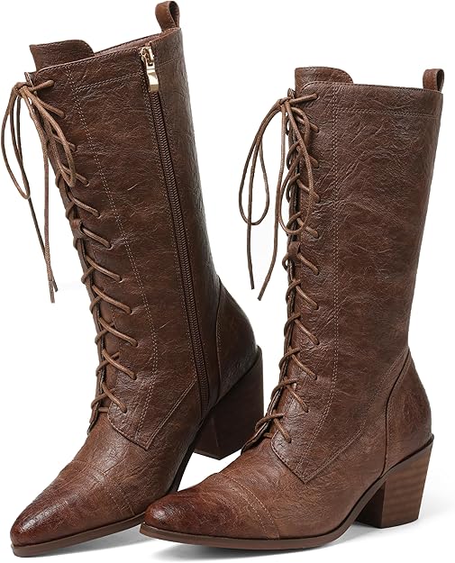 Women's Black Mid Calf Boots Lace Up Chunky Heel Vintage Combat Heeled Brown -  BigGreenBear.com boots 89.00 USD Big Green Bear