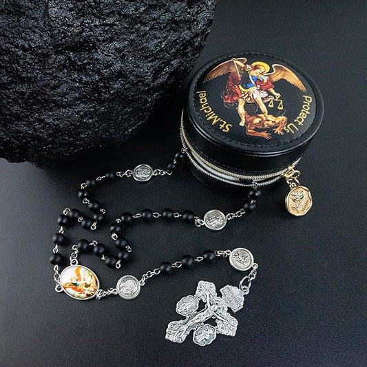 St. Michael the Archangel Catholic Rosary Necklace for Men, 8MM Black Hematite -  BigGreenBear.com jewelry 32.44 USD Big Green Bear