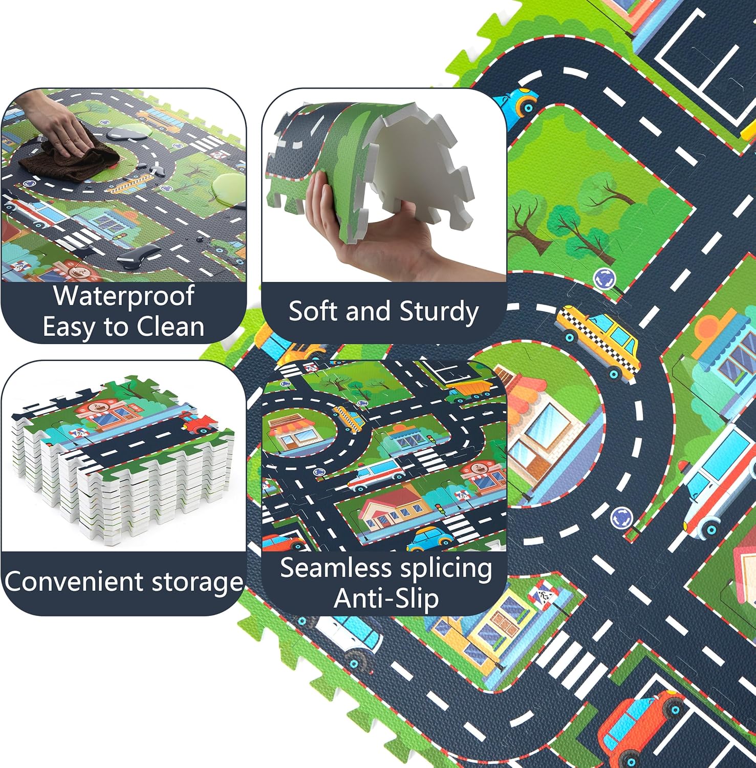 Foam Play Mat for Baby, Interlocking Foam Tiles, City Road Track Puzzle Mat 12 Pieces