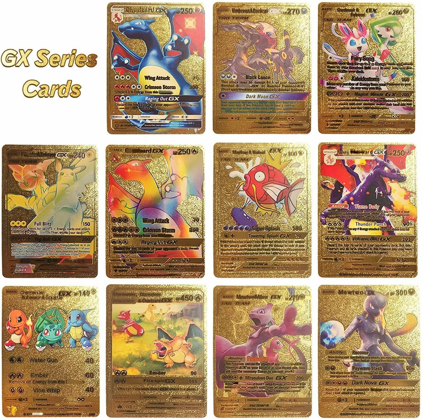 55 PCS Gold Cards Packs Vmax V EX GX Rare Golden Cards Deck Box Gold Foil Card