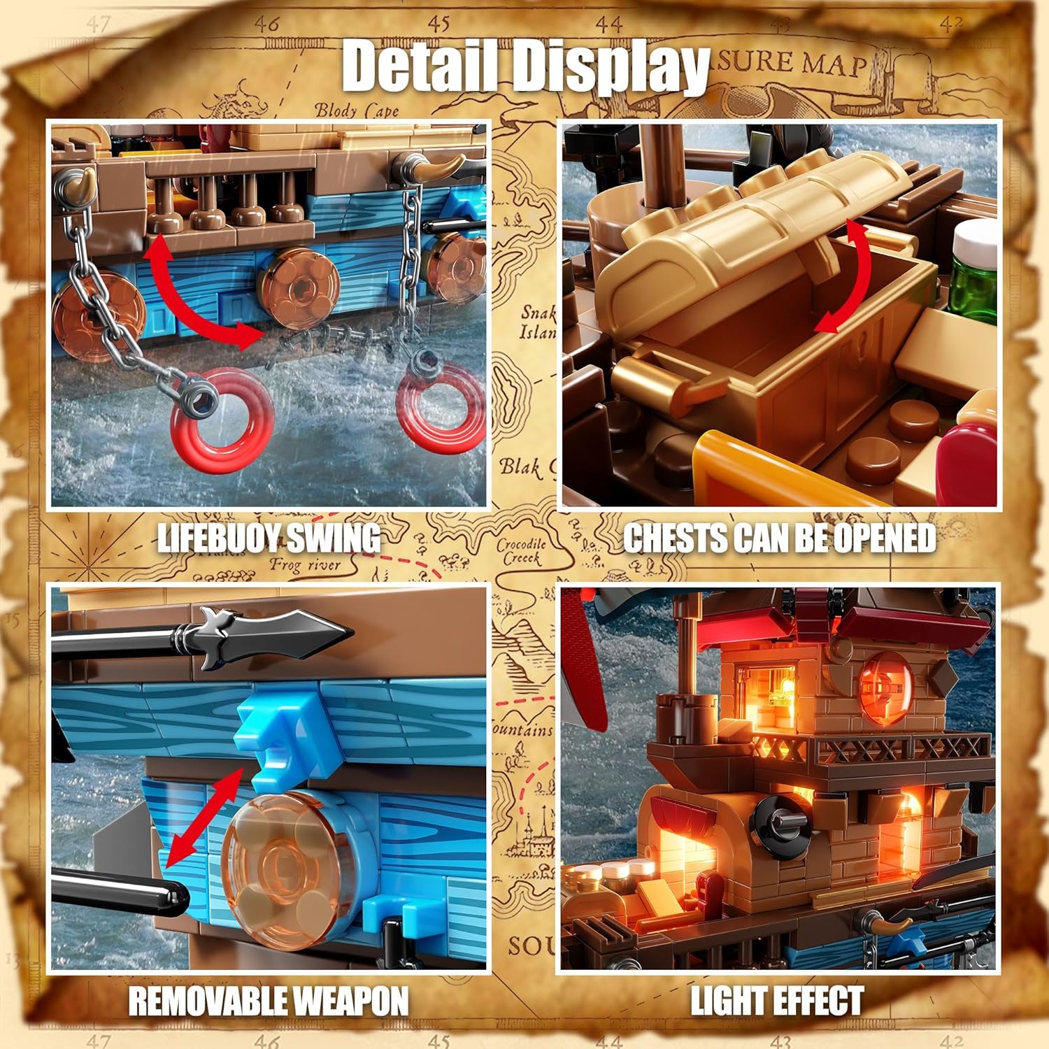 Pirate Ship Building Kit (916 Pcs) with LED Lights - Standard Brick - Compatible Creative Pirate Toy Model -  BigGreenBear.com Toys 39.99 USD Big Green Bear
