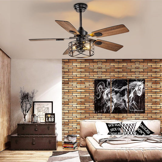 42-Inch Rustic Ceiling Fans with Lights Caged Dual Finish 5 Blades