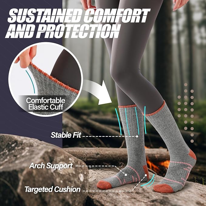 Gray and orange compression socks worn on a person's legs in an outdoor forest setting, with text callouts highlighting arch support, stable fit, targeted cushion, and elastic cuff comfort.