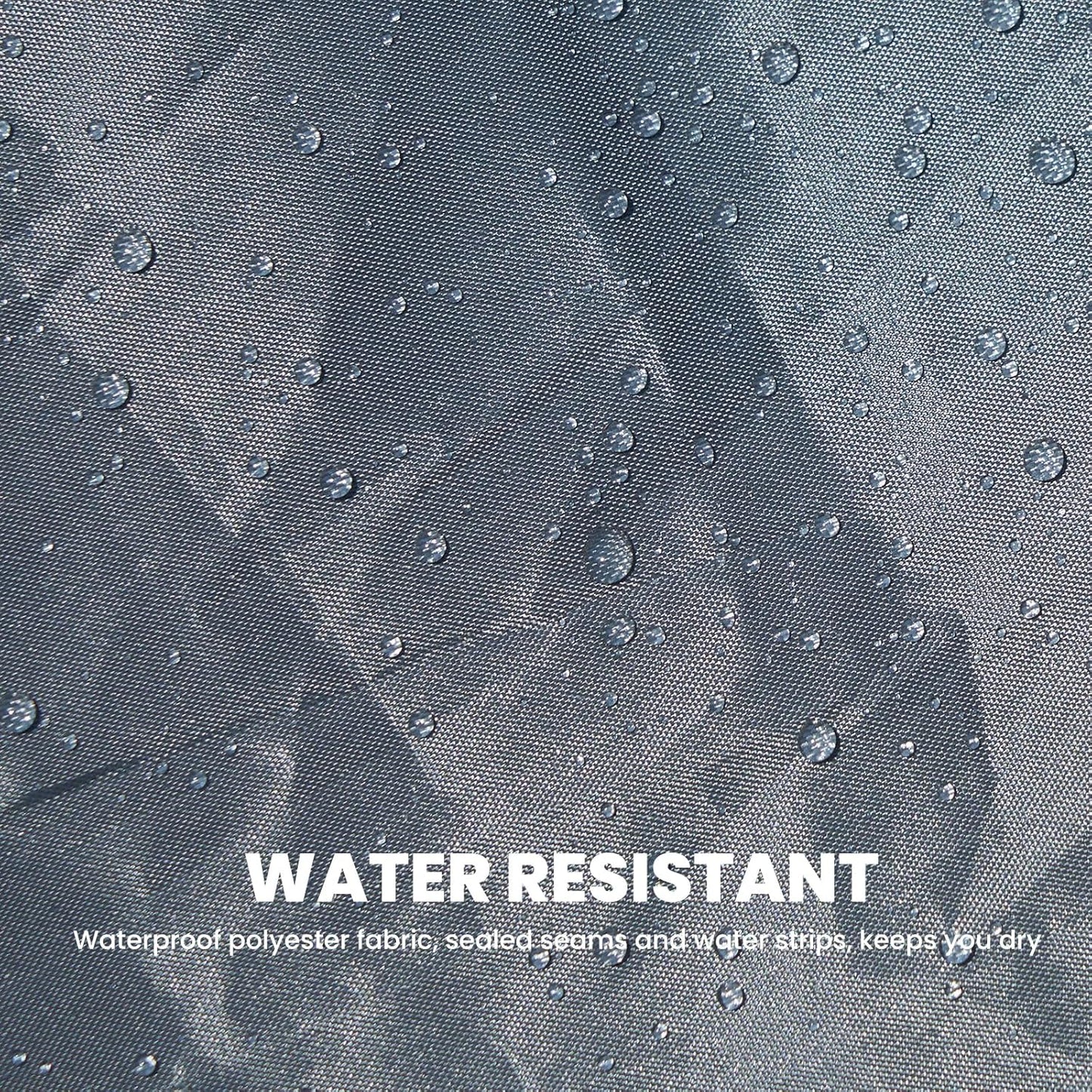 Waterproof fabric with water droplets and text indicating water resistance.