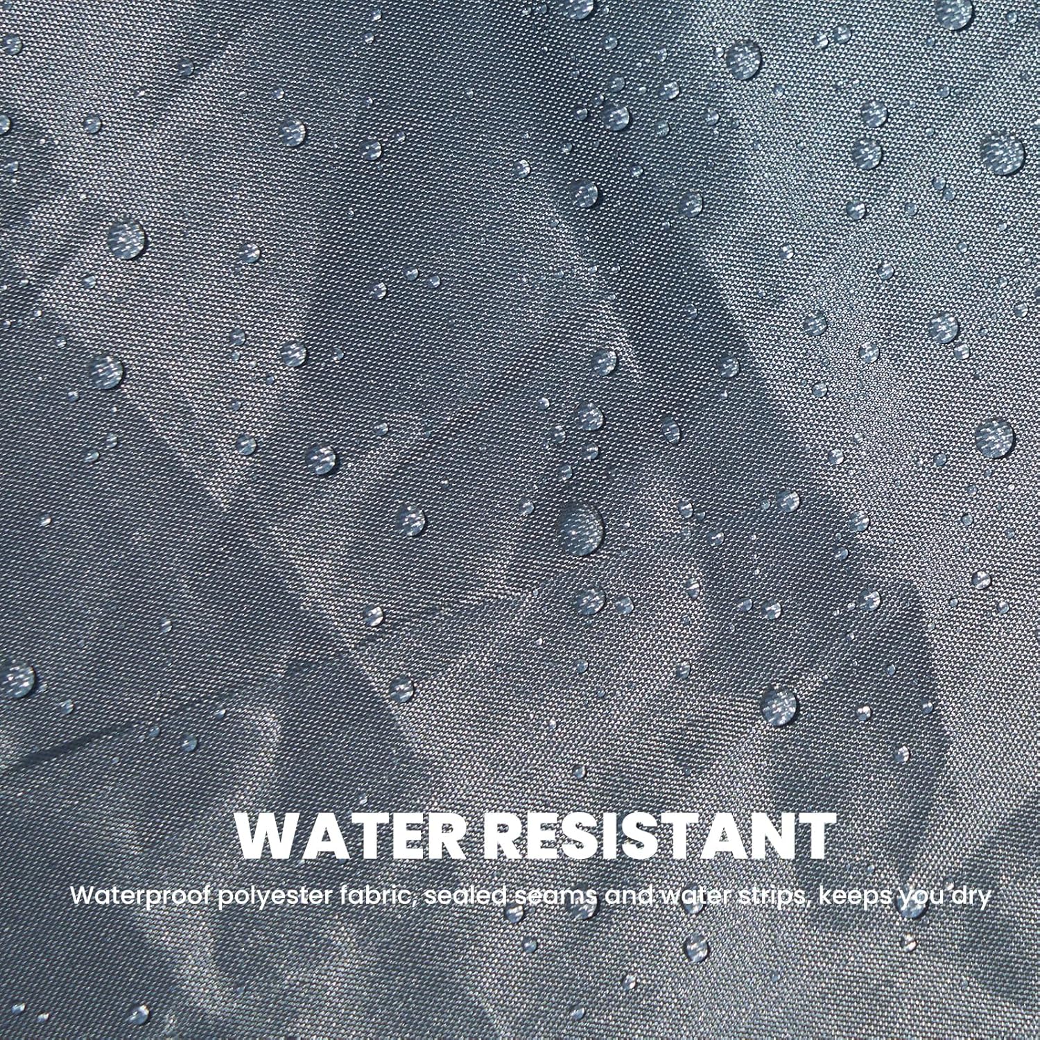 Waterproof fabric with water droplets and text indicating water resistance.