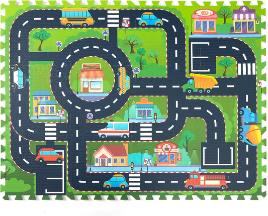 Foam Play Mat for Baby, Interlocking Foam Tiles, City Road Track Puzzle Mat 12 Pieces