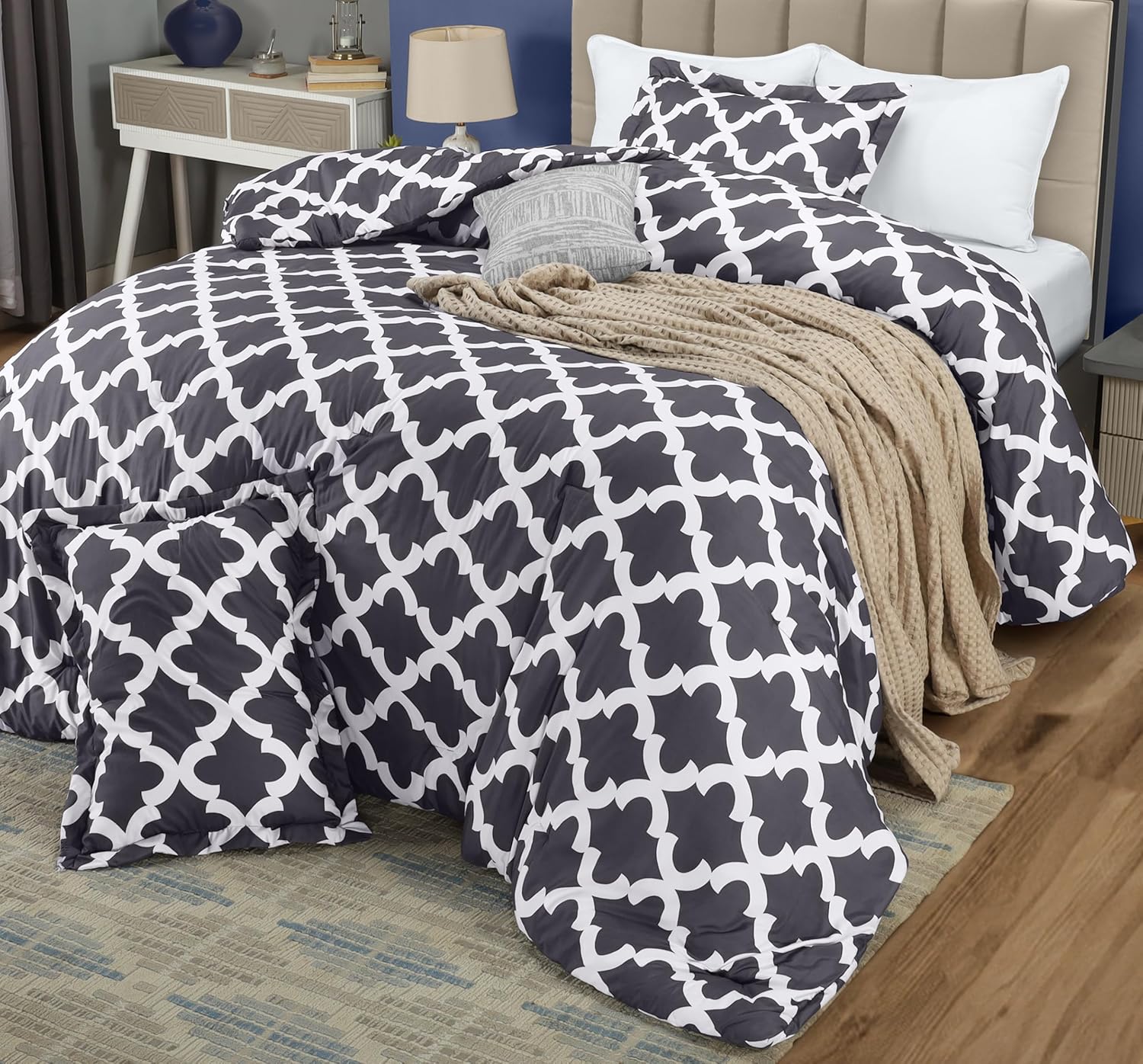 Comforter Set Grey, Printed Comforters King  or Queen Size, 3 Piece Lightweight All Season -  BigGreenBear.com bedding 39.99 USD Big Green Bear
