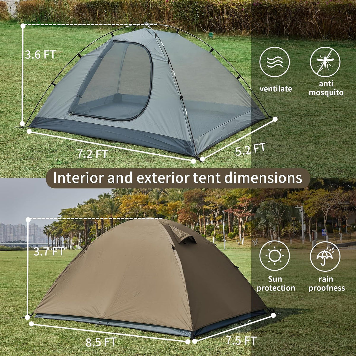 Two camping tents with dimensions and features highlighted on a grassy background