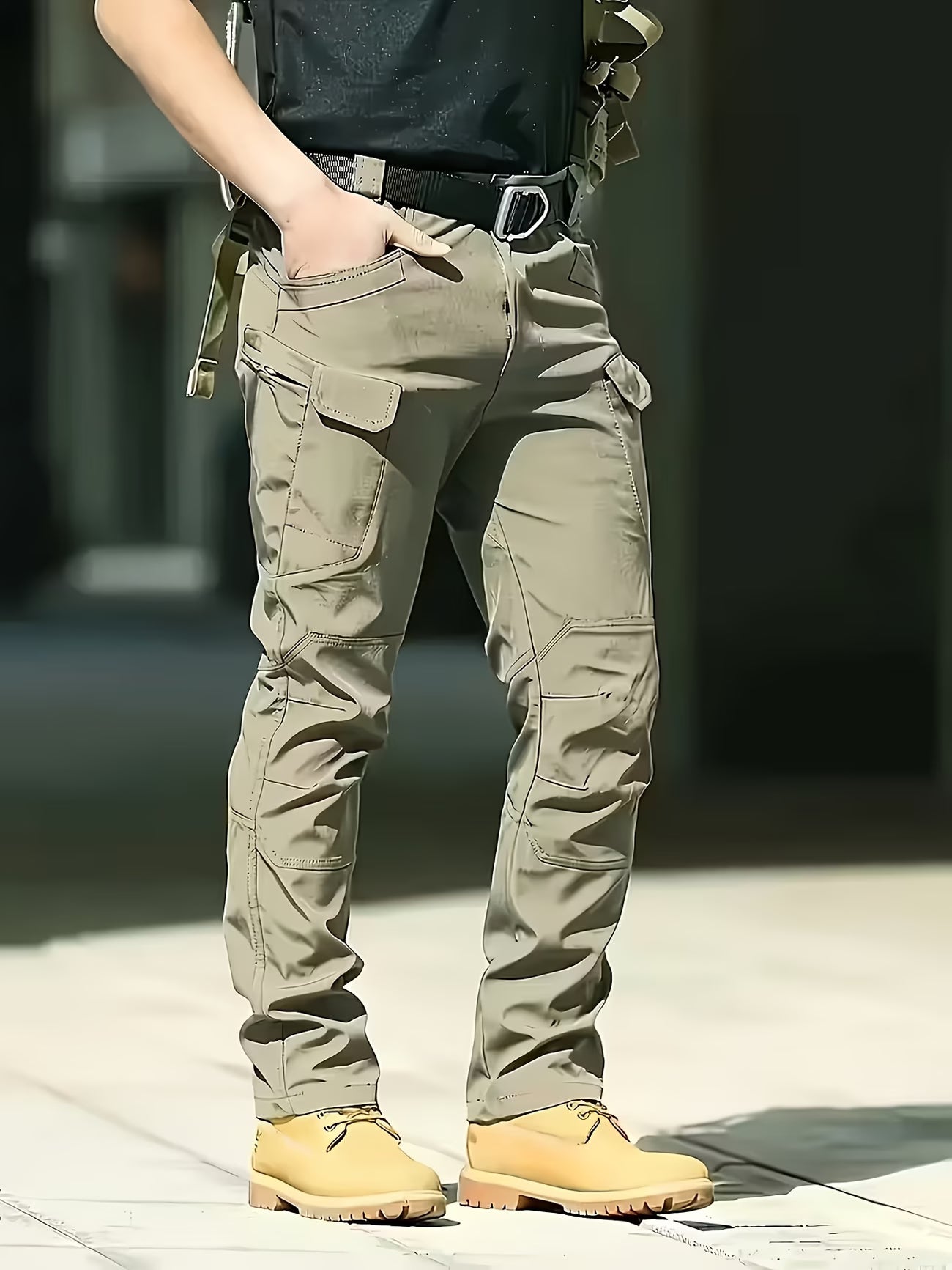 Person wearing beige cargo pants and yellow shoes on a blurred background