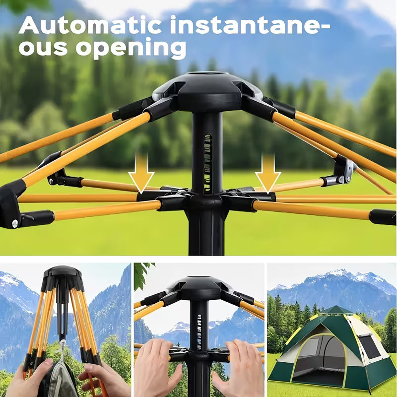 Collapsible tent frame with automatic instant opening feature, set against a scenic outdoor background.