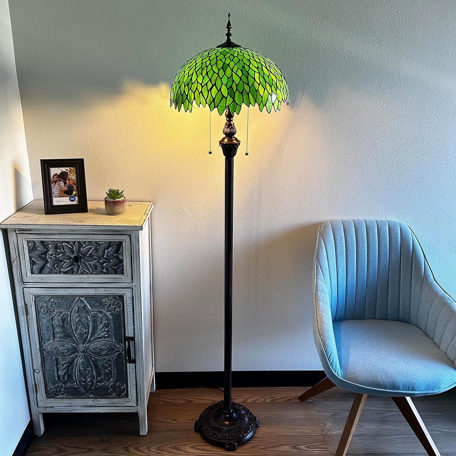 Handcrafted Tiffany Floor Lamp Green Leaves Stained Glass Metal Base 64" High -  BigGreenBear.com Lighting 269.00 USD Big Green Bear