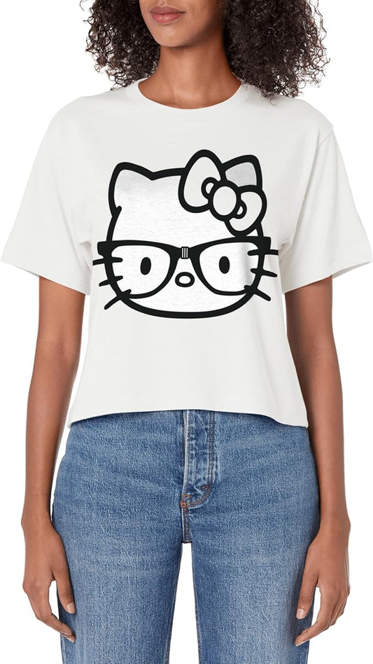 Hello Kitty Black and White Nerd Glasses Women's Crop Top -  BigGreenBear.com clothing 22.89 USD Big Green Bear