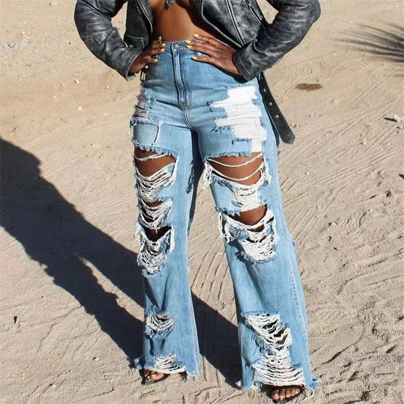 Women's Ripped Jeans Distressed Cutout High Waisted Baggy Straight Wide Leg -  BigGreenBear.com clothing 29.95 USD Big Green Bear