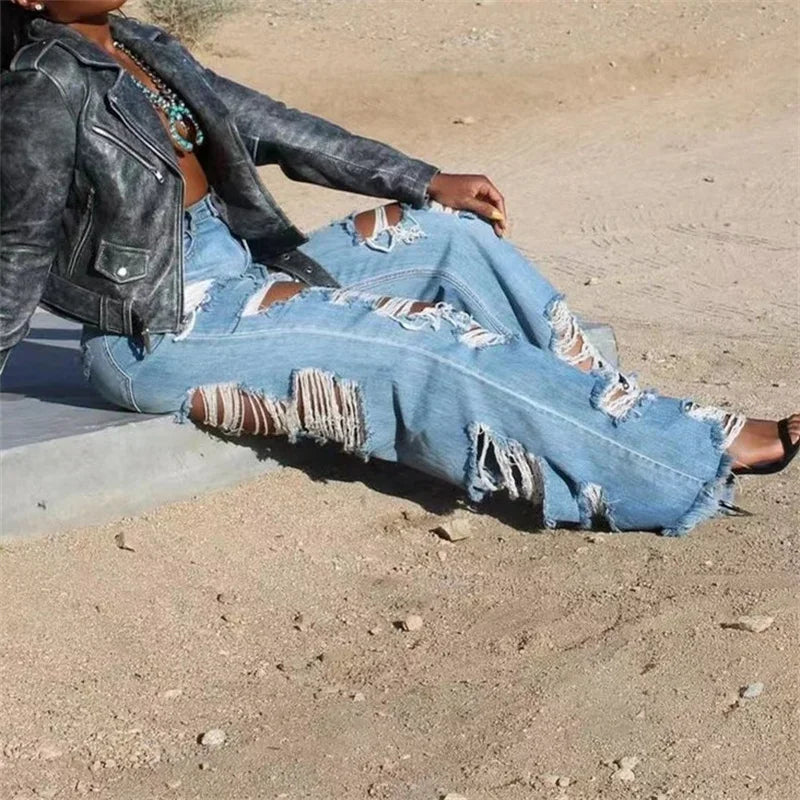 Women's Ripped Jeans Distressed Cutout High Waisted Baggy Straight Wide Leg -  BigGreenBear.com clothing 29.95 USD Big Green Bear