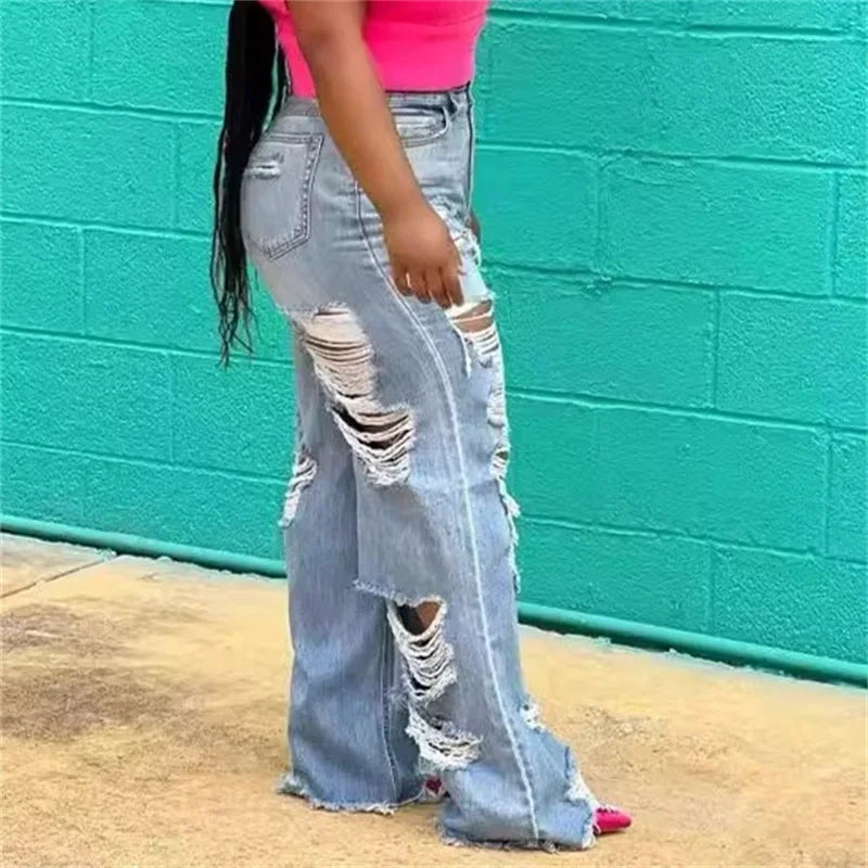Women's Ripped Jeans Distressed Cutout High Waisted Baggy Straight Wide Leg -  BigGreenBear.com clothing 29.95 USD Big Green Bear