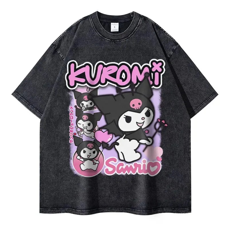 Women's Kuromi T Shirt Vintage Washed Anime My Melody T-shirt Hello Kitty -  BigGreenBear.com clothing 24.50 USD Big Green Bear