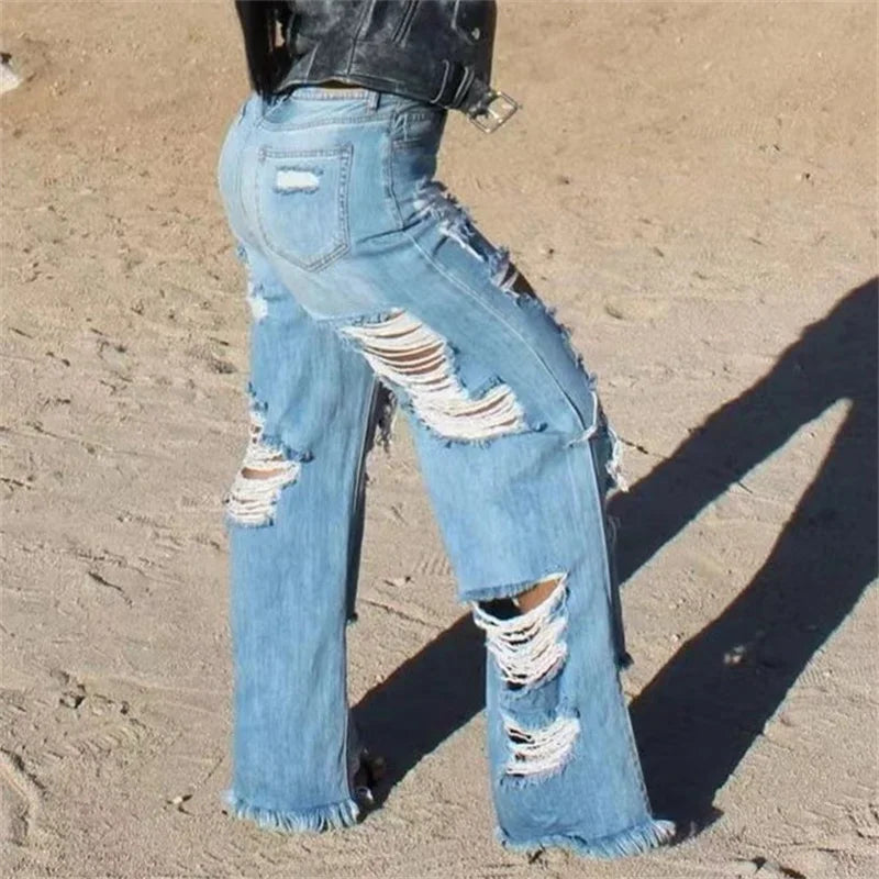 Women's Ripped Jeans Distressed Cutout High Waisted Baggy Straight Wide Leg -  BigGreenBear.com clothing 29.95 USD Big Green Bear