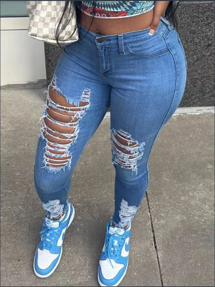 Women's Pocket Ripped Pants High Street Fashion Casual Autumn Solid Color Personalized jeans -  BigGreenBear.com clothing 17.89 USD Big Green Bear