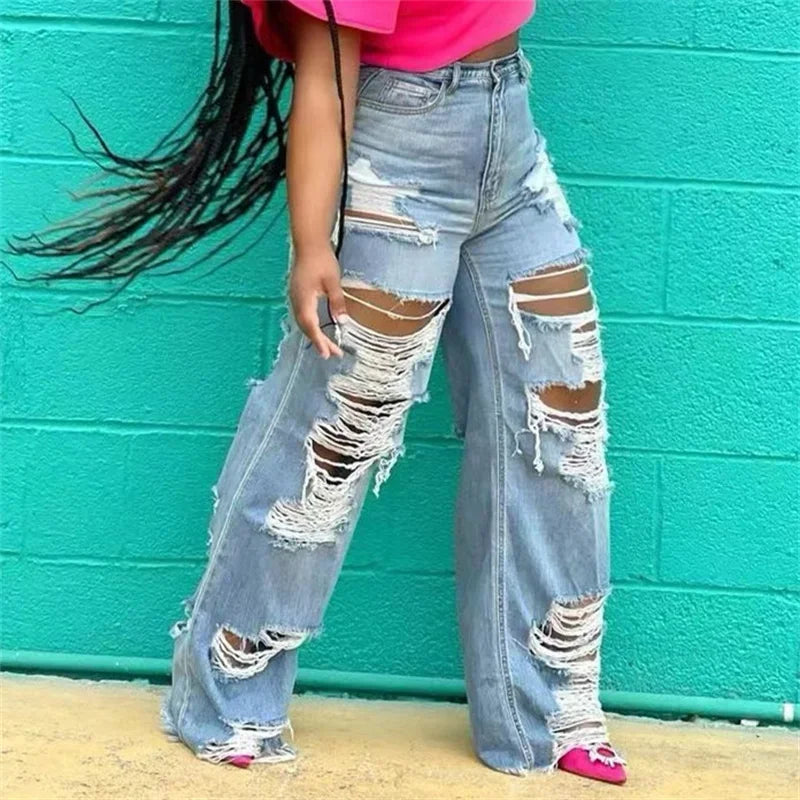 Women's Ripped Jeans Distressed Cutout High Waisted Baggy Straight Wide Leg -  BigGreenBear.com clothing 29.95 USD Big Green Bear