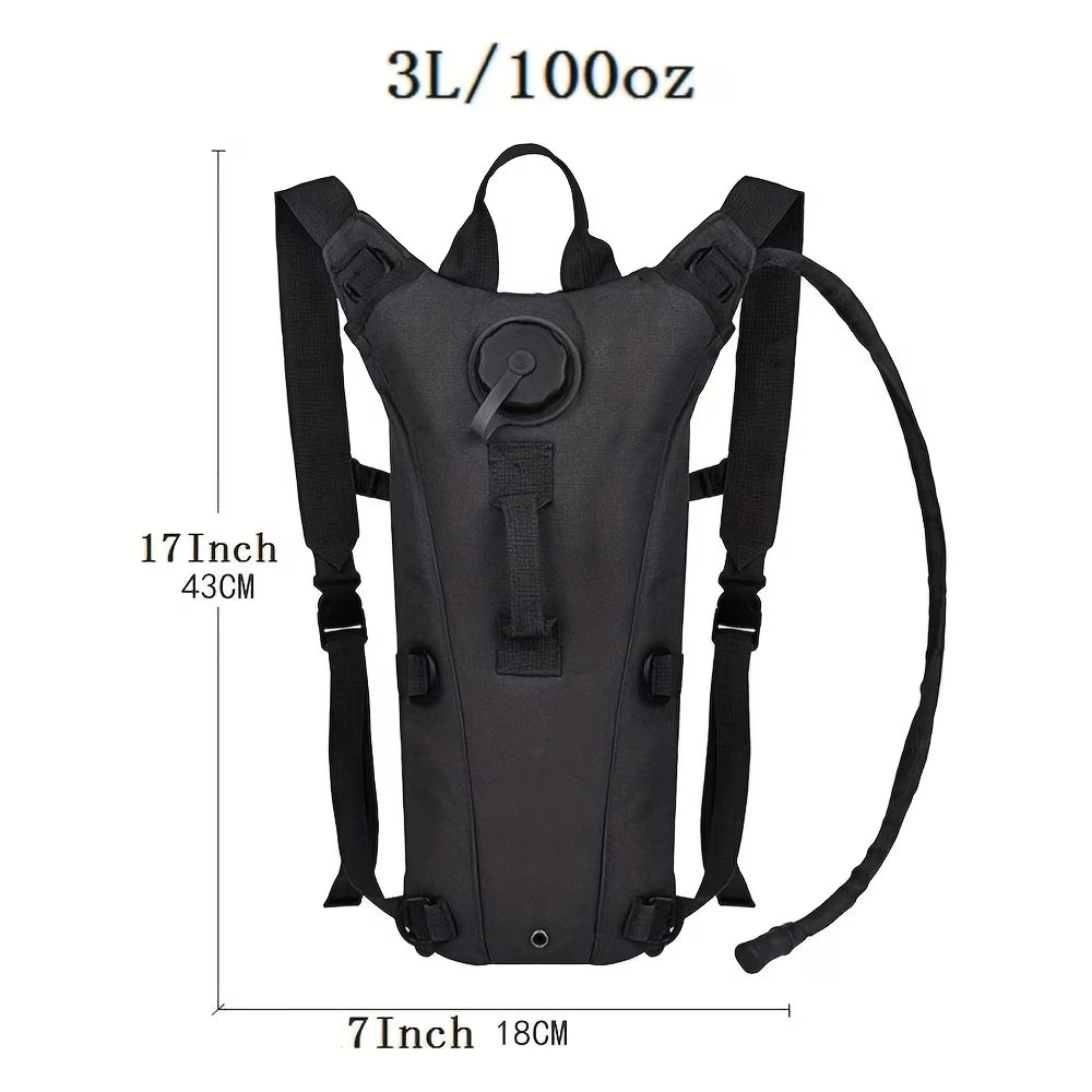 Black hydration backpack with measurements on a white background
