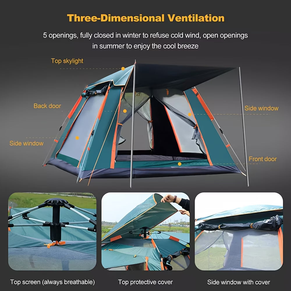 Camping tent with ventilation system features and illustrations on a dark background