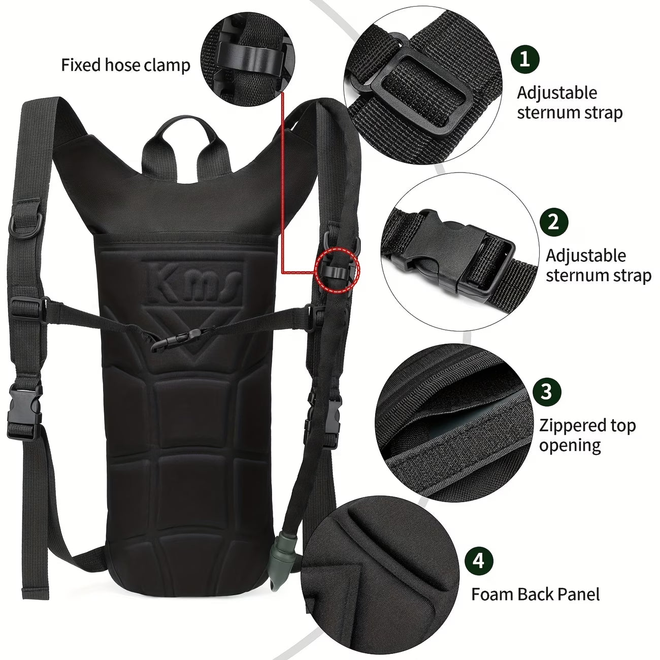 Black hydration backpack with labeled features on a white background
