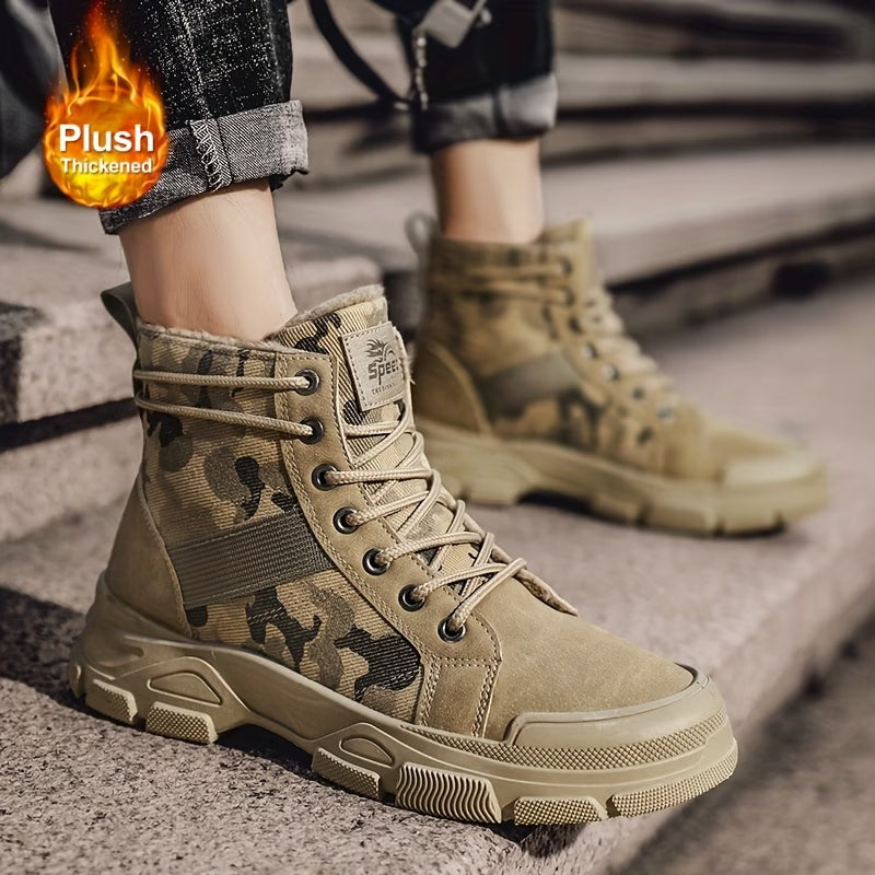 Camouflage boots with plush thickened feature on a blurred background