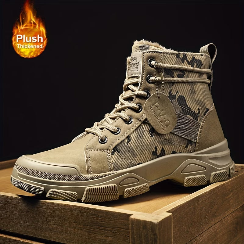 Camouflage boot with plush thickening feature on a wooden platform