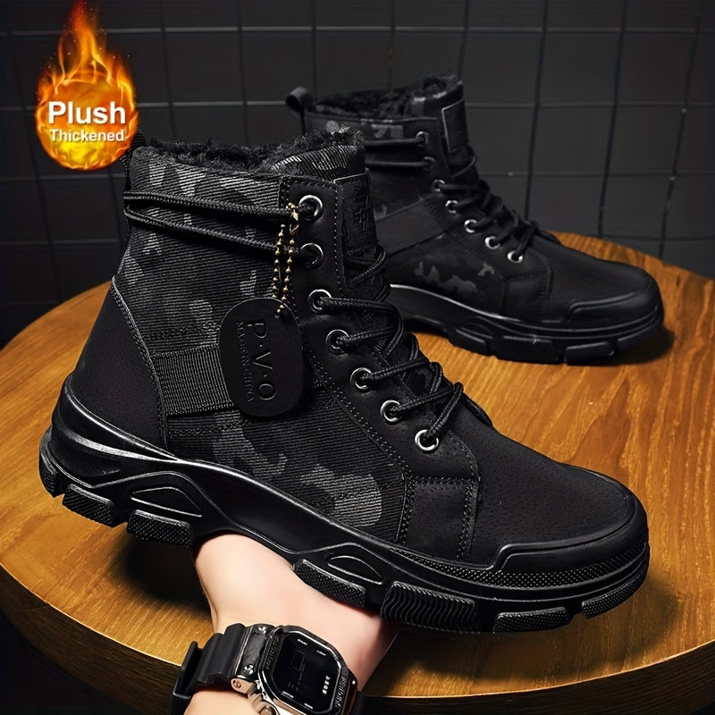 Black high-top boots on a wooden surface with a dark tiled wall background