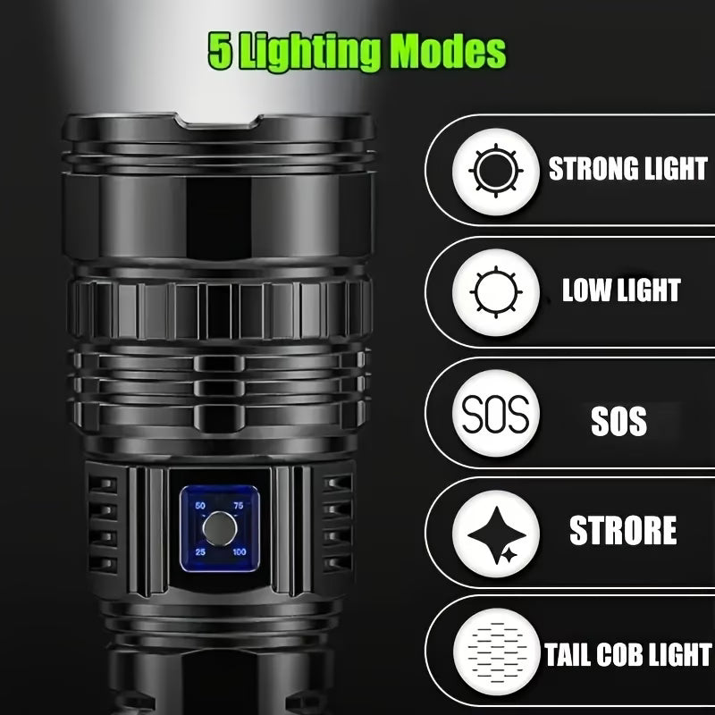 Black flashlight with 5 lighting modes displayed on a black background
