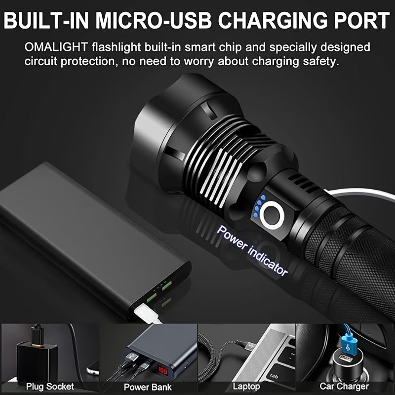 Black flashlight with power bank and charging options on a dark background