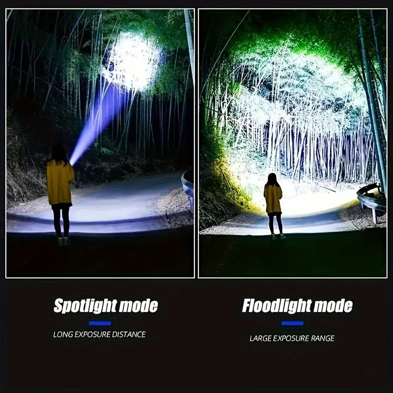 Two modes of a flashlight: Spotlight mode and Floodlight mode, used in a forest setting.