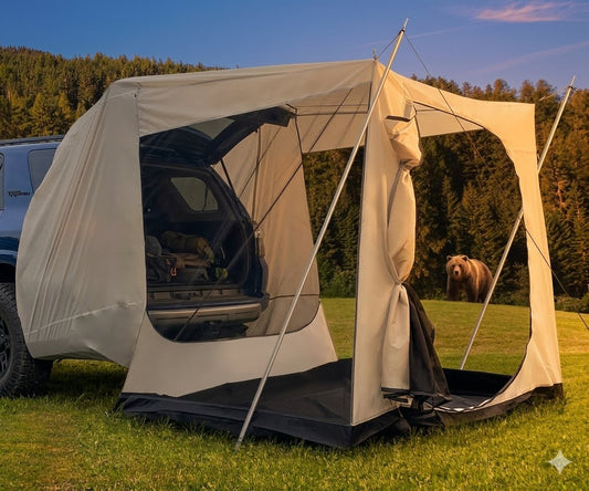 Car with a tent attached in a natural setting with a bear in the background Big Green Bear