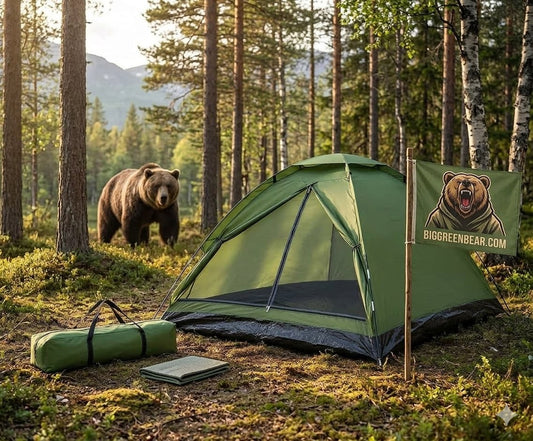 Green tent in a forest with a bear and a branded flag in the background Big Green Bear Biggreenbear.com