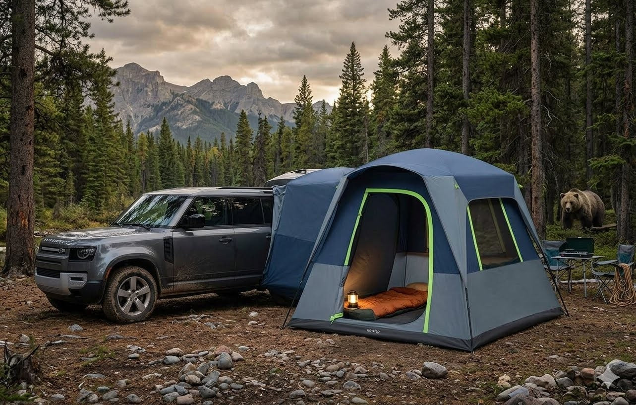 Camping tent attached to a vehicle in a forest with mountains in the background