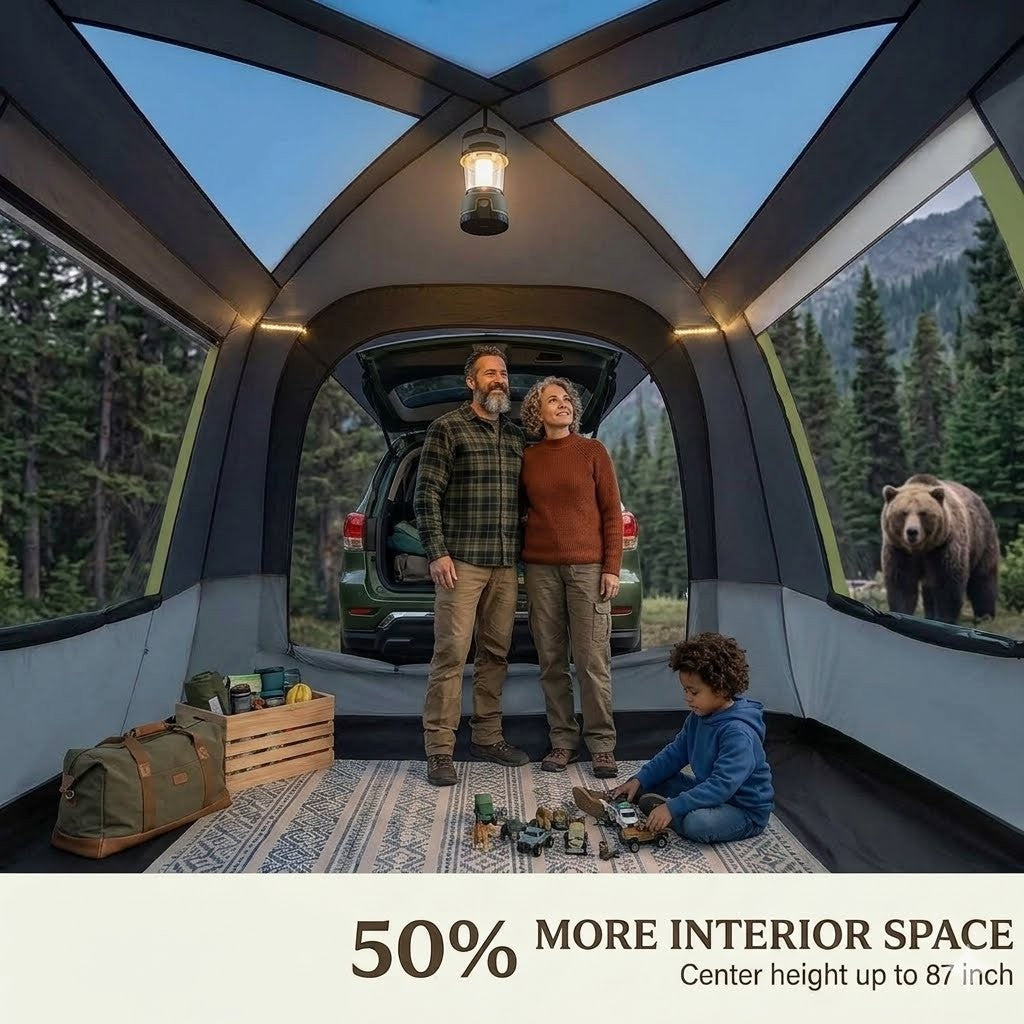 Family inside a tent with a bear outside, surrounded by nature.