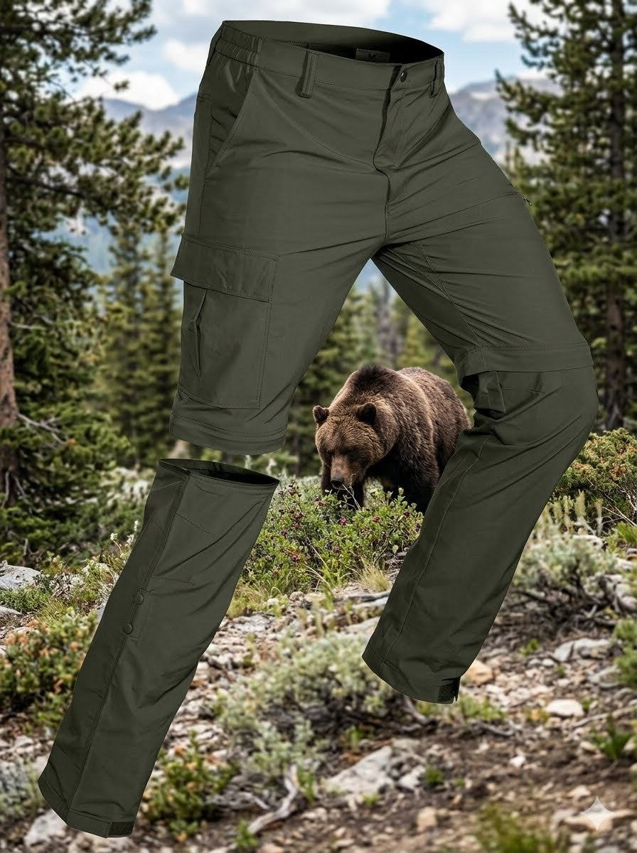 Green tactical pants displayed with a bear in a forest setting Big Green Bear