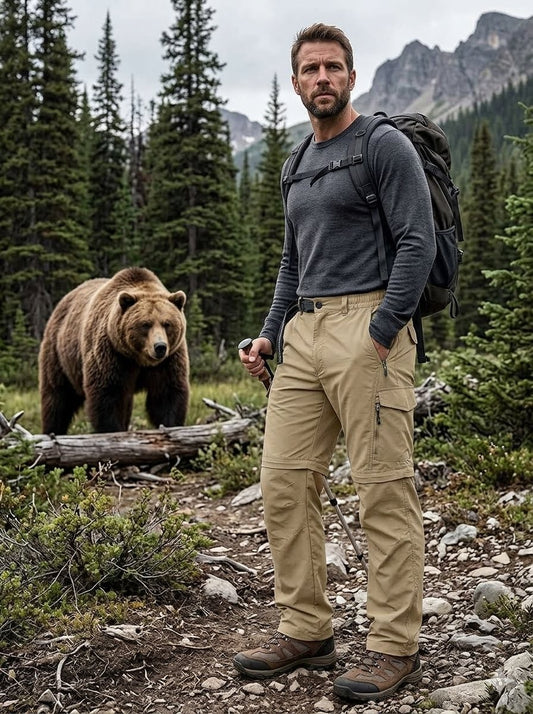 Man standing in a forest with a bear nearby Big Green Bear