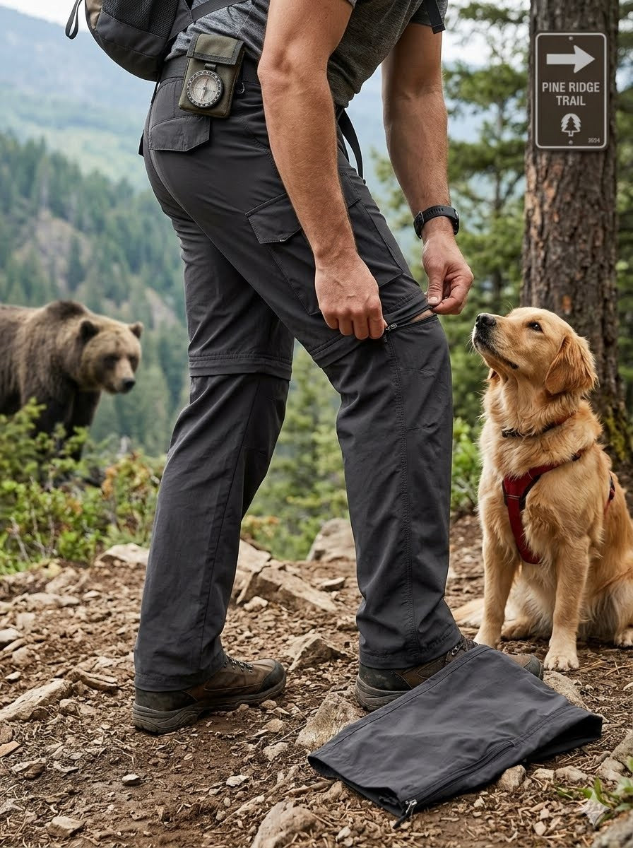 Person in hiking gear with a dog on a trail, bear in the background