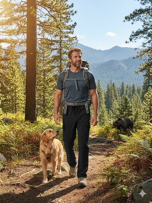 Man hiking with a dog in a forested area with mountains in the background Big Green Bear