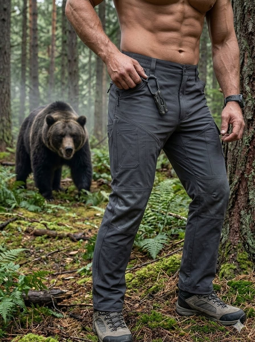 Man in gray pants standing in a forest with a bear in the background Biggreenbear.com