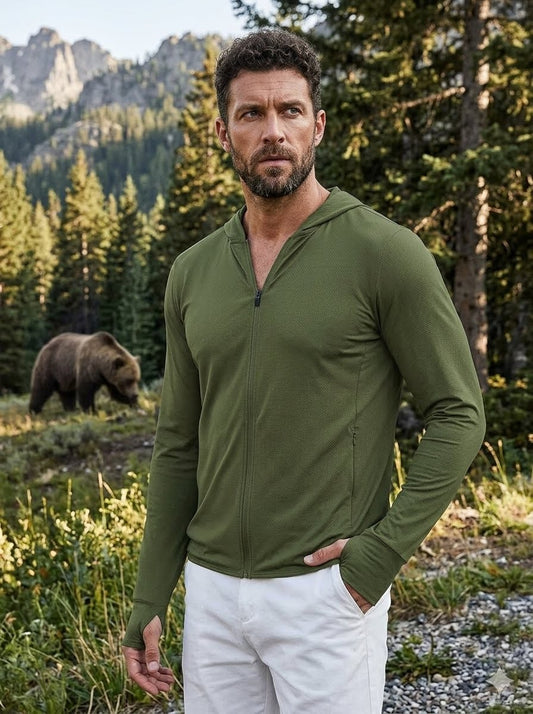 Front view of Men's Lightweight Sun Protection Full-Zip Hoodie in regular fit showing center zipper and deep side pockets. Big Green Bear