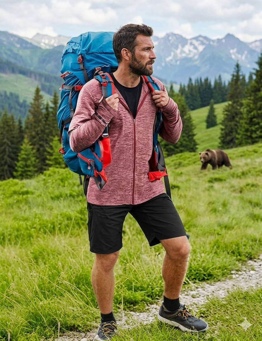 Man with a large blue backpack hiking in a mountainous area with a bear in the background