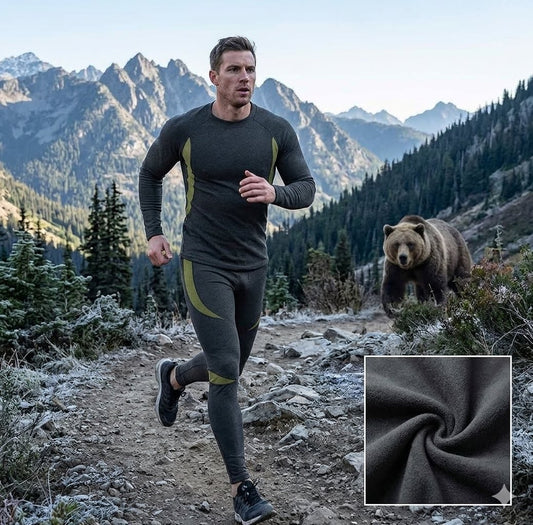 Man running on a mountain trail with a bear in the background, wearing a dark gray athletic outfit. biggreenbear.com