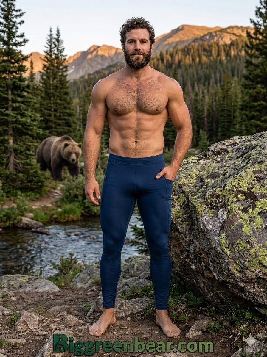 Man in blue leggings standing in a natural setting with a bear and mountains in the background.