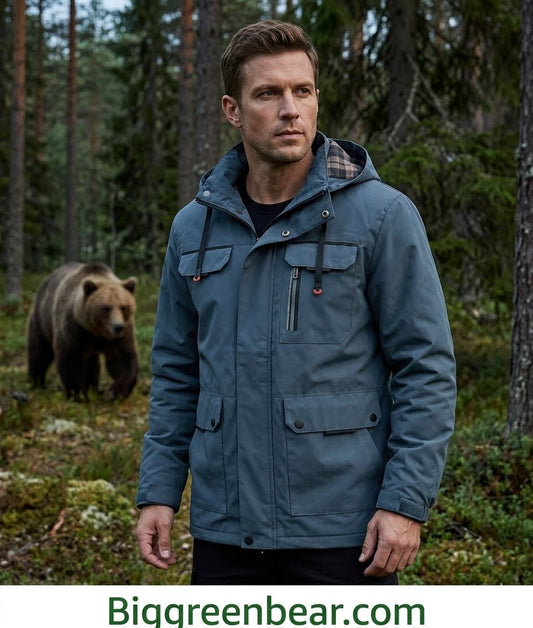 Man wearing a blue jacket standing in a forest with a bear in the background, featuring Biggreenbear.com branding.